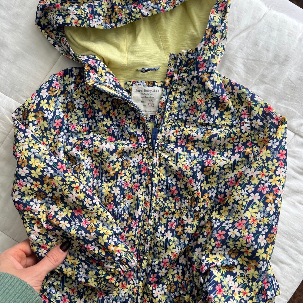 Zara Kids Floral Raincoat with Hood - Navy and Yellow